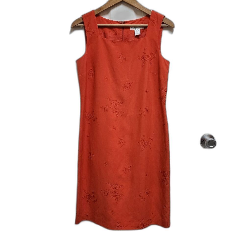 Grace Dresses Womens 10 Orange Silk Linen Floral Embroidered Sleeveless Sheath